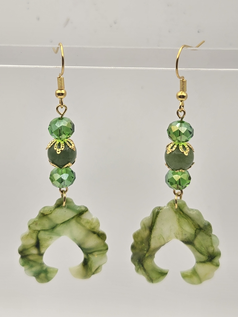 #B496- Green Marbled Resin Drop Earrings with Gold Accents- Dolomite Jasper